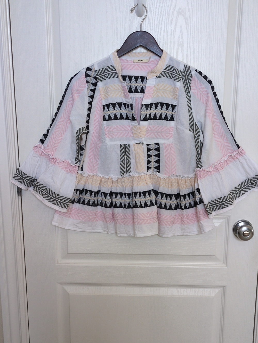 miami Embroidered Peasant Top in Pink, Black & Cream